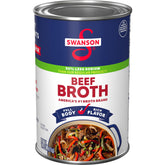 Swanson 50% Less Sodium Beef Broth label close-up showing lower sodium option for recipes