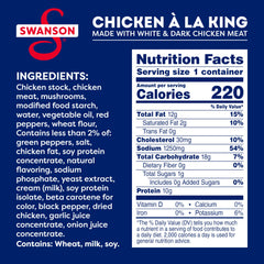 Close-up of Swanson Canned Chicken a la King creamy sauce with tender chicken chunks.