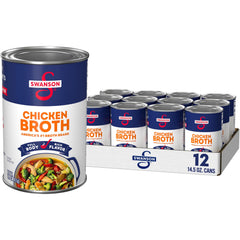 Swanson Chicken Broth can close-up, rich base for soups and gravies.