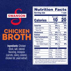Swanson Chicken Broth label close-up, gluten-free and non-GMO ingredients for cooking.