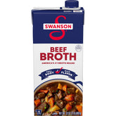 Swanson S beef broth carton pour showing rich, savory flavor for soups