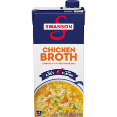 SWANSON S 100% Natural Chicken Broth carton front shows clean ingredients for meal prep.