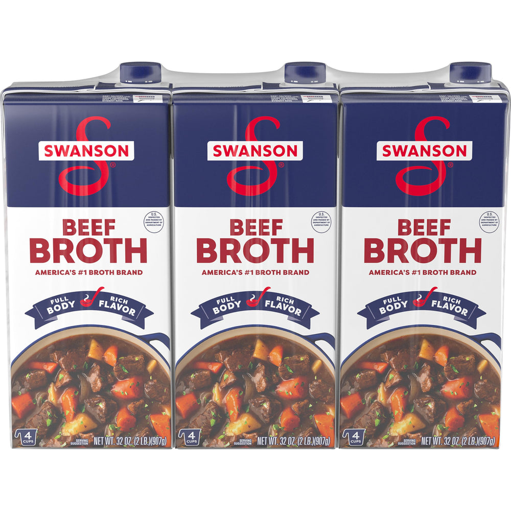 Swanson S Beef Broth carton front view showing 32 oz size and 3-pack packaging for cooking