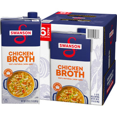 Swanson S chicken broth carton six-pack on shelf, a versatile kitchen staple.