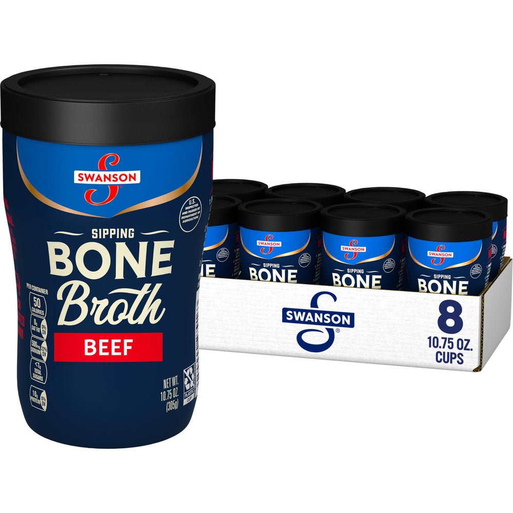 Swanson Sipping Beef Bone Broth cup delivering warm, savory flavor.