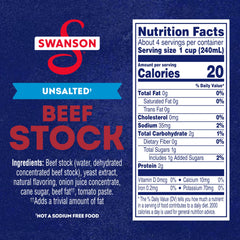 SWANSON S unsalted beef stock ingredients label highlights gluten-free, non-GMO quality.