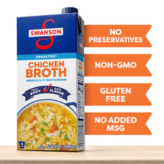 Close-up of Swanson S Unsalted Chicken Broth label showing gluten-free and no MSG