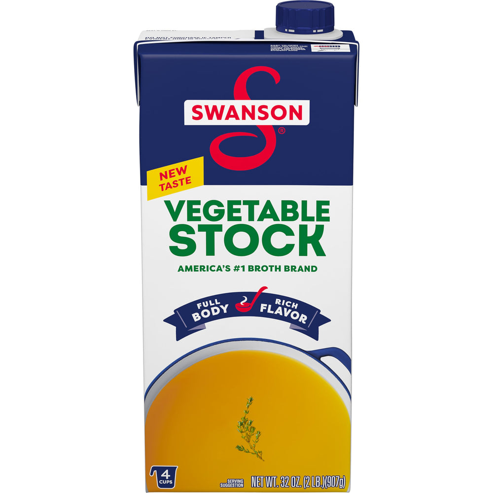 Swanson S Vegetable Stock carton front highlights premium ingredients for richer home cooking