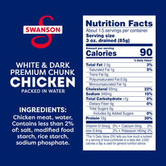 Swanson S white and dark chunk chicken in water—versatile salad topper.
