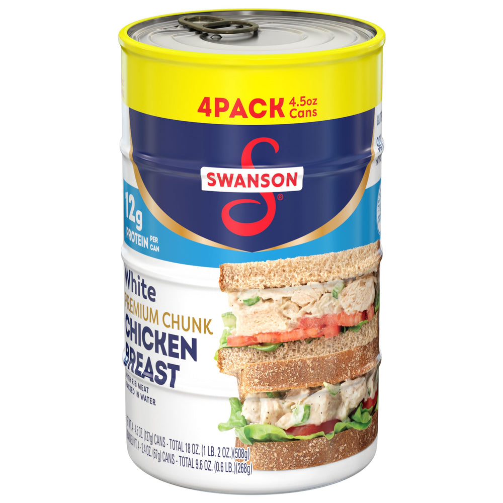 Swanson White Premium Chunk Chicken Breast in Water can, 4.5 oz, convenient protein source.