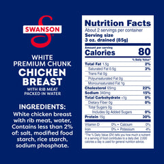 Swanson chicken chunks in water, ready to eat—ideal for salads and sandwiches