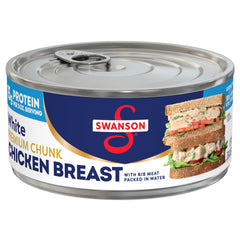 Swanson white premium chunk chicken in water can ready to use in quick recipes.