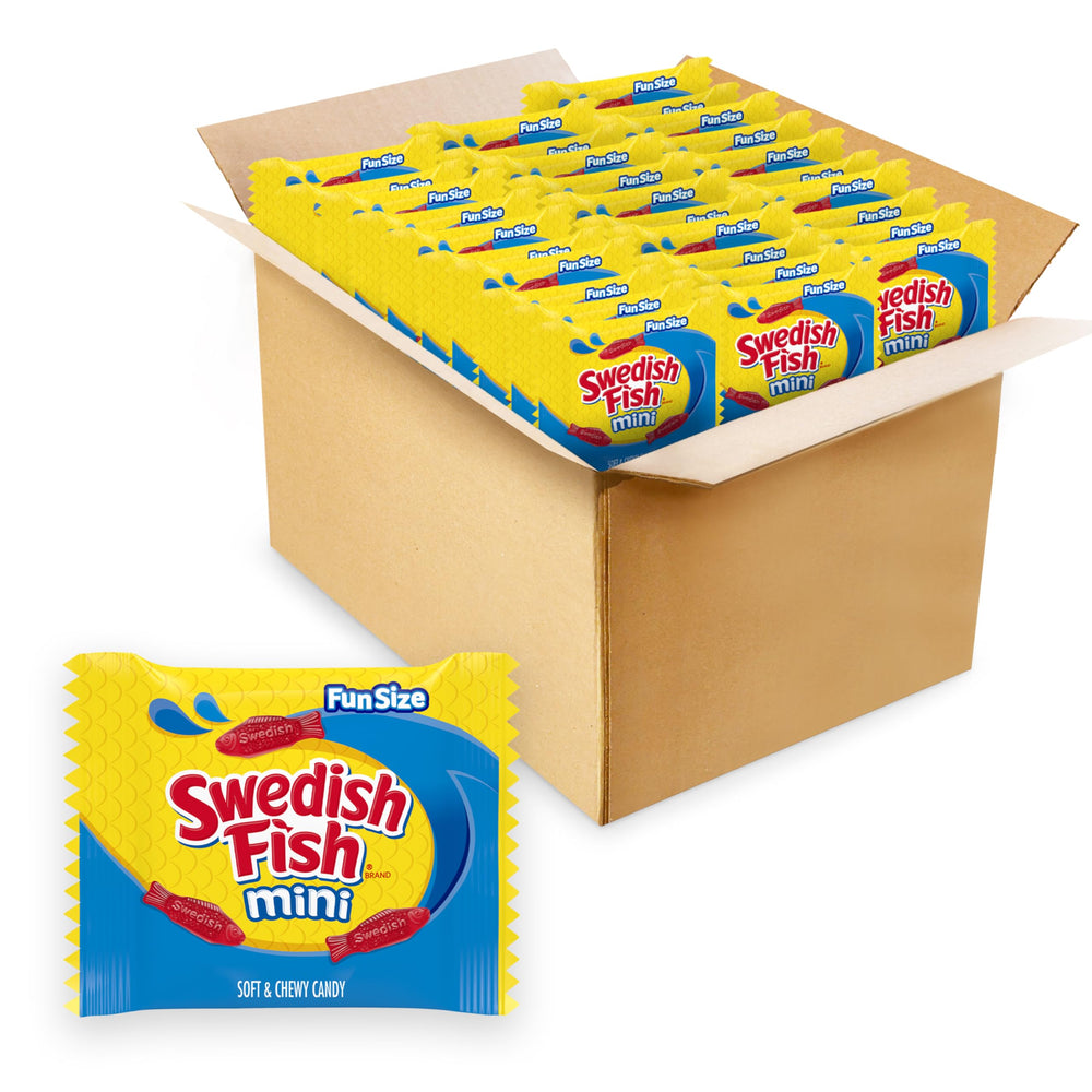Swedish Fish Mini Soft & Chewy Candy bulk pack on display, ideal for bulk snacking.