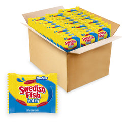 Swedish Fish Mini Soft & Chewy Candy bulk pack on display, ideal for bulk snacking.