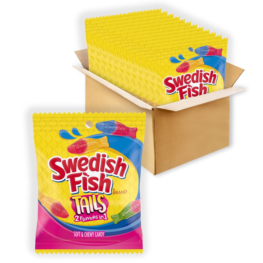 SWEDISH FISH Tails showing blue raspberry strawberry flavors for quick, flavorful snacking
