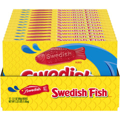 Swedish Fish twelve-box packaging ideal bulk snack for movies and parties