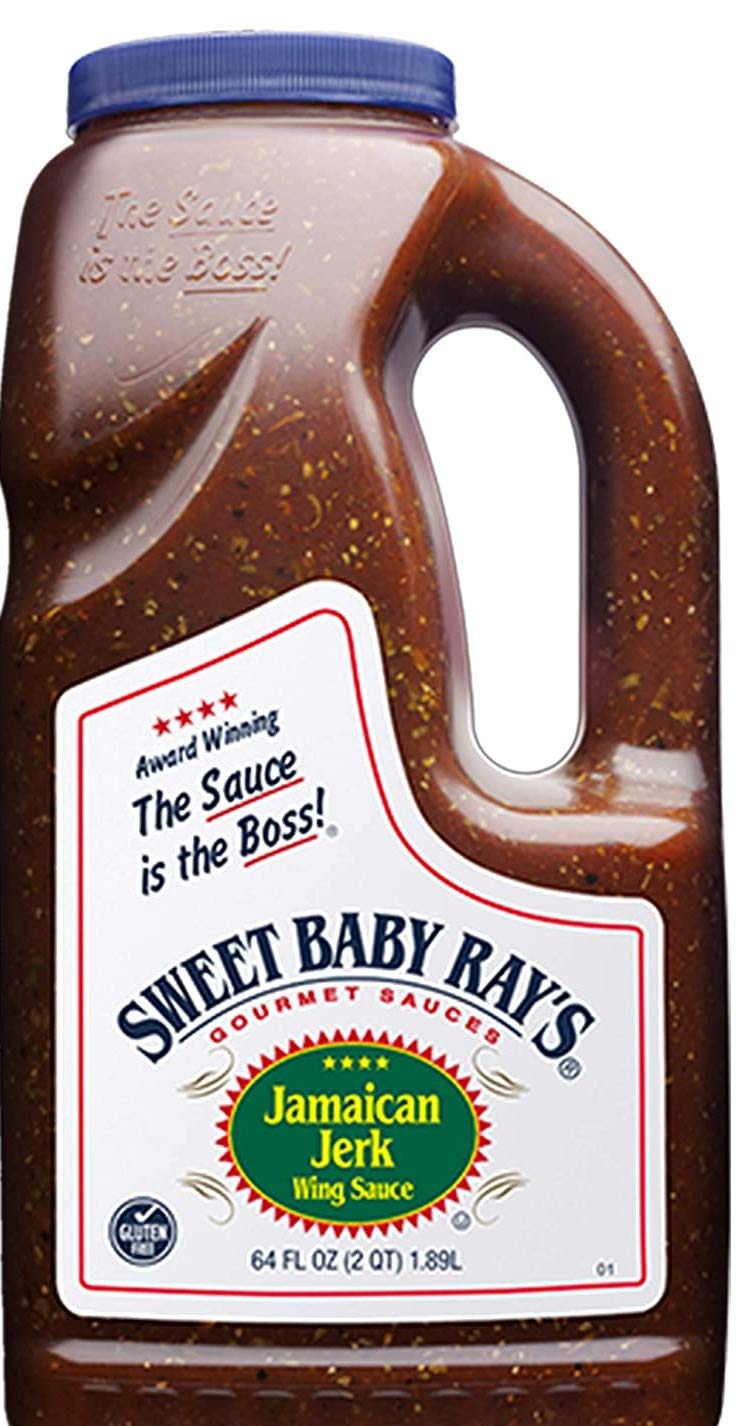 Sweet Baby Ray's Jamaican Jerk Wing Sauce bottle pour, bold wing flavor.