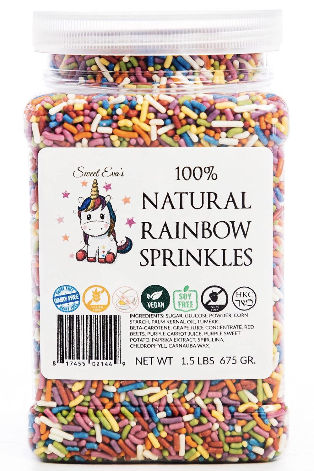 Sweet Eva's Rainbow Sprinkles in resealable container for easy storage and quick decorating.
