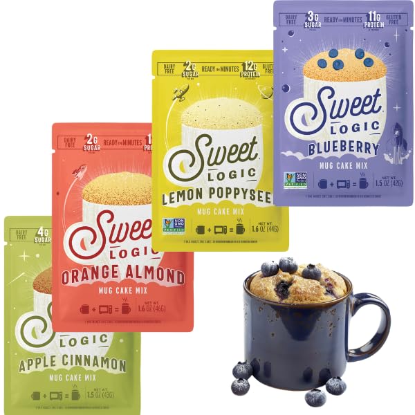 Sweet Logic Blueberry Muffin mug cake powder; gluten-free and quick to prepare.