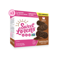 Sweet Loren's vegan chocolate biscuits pack shot highlighting convenient multi-pack for busy mornings.