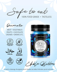Sweet Spell blue edible glitter on cupcakes enhances color and shine.