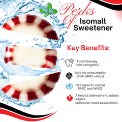 Sweetaholic sugar-free peppermint candy discs close-up showing crisp mint texture.