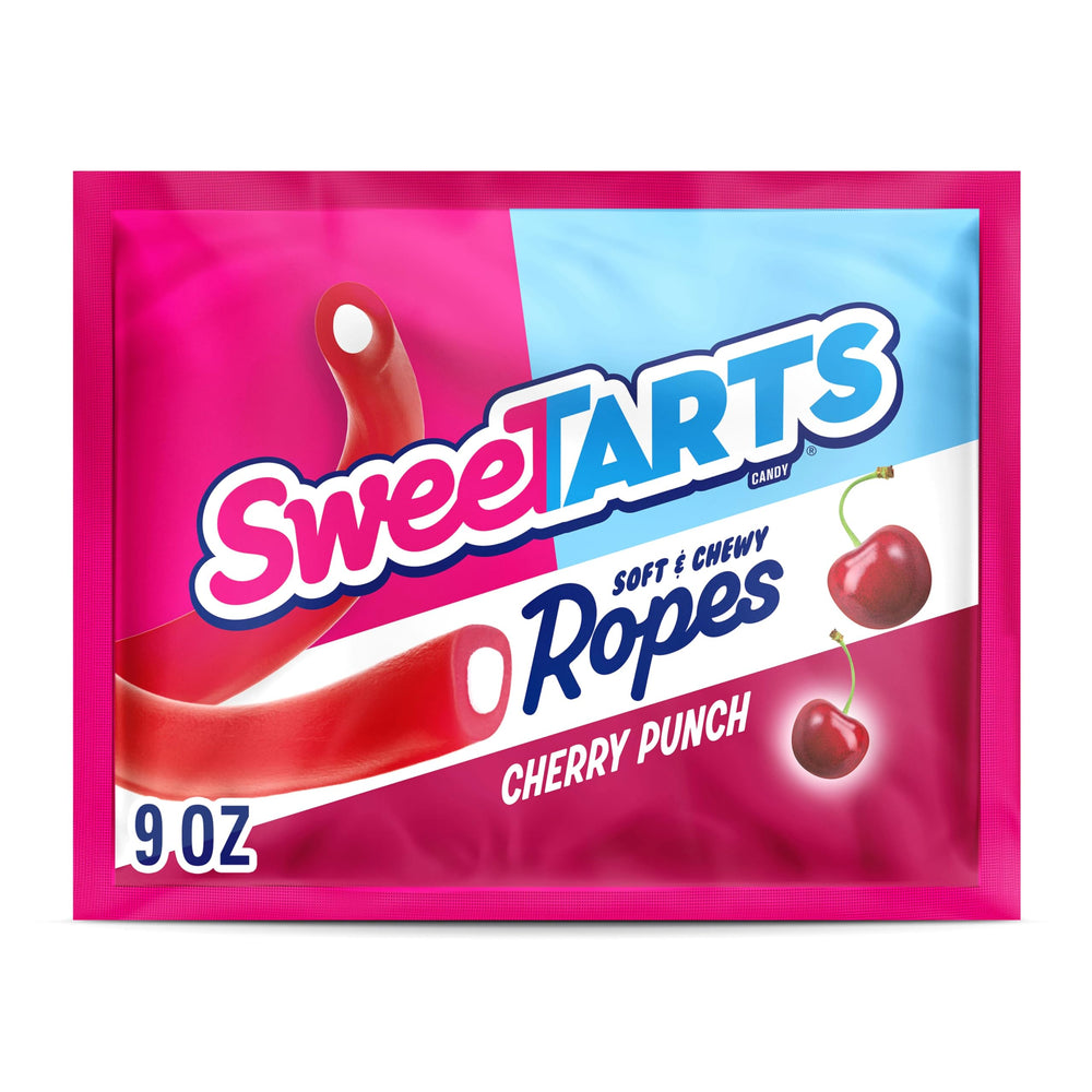 SweeTARTS Ropes Cherry Punch packfront shows a shareable 9 oz bag for bold snacking.