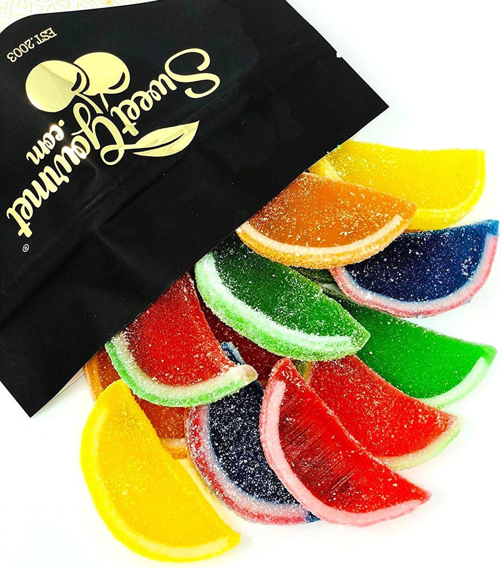 SweetGourmet Assorted Fruit Slices packaging showing vegan and gluten-free candy