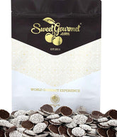 SweetGourmet Regular Nonpareils dark chocolate discs front view with white topping, inviting snack option