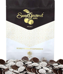 SweetGourmet Regular Nonpareils dark chocolate discs front view with white topping, inviting snack option