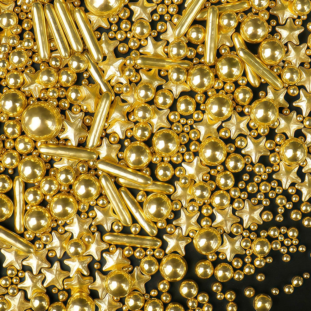 SweetGrove Gold Sprinkles stars add shimmering cake decoration for a luxe finish.