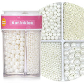 SweetGrove pearl white sprinkles in four sizes for versatile cake decorating.