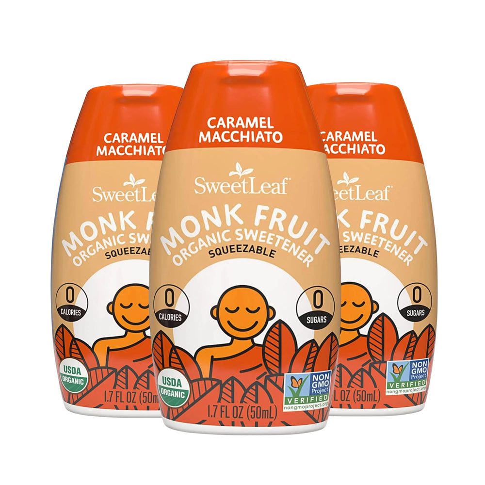 SweetLeaf caramel macchiato liquid bottle front, zero calorie flavor enhancer for beverages.