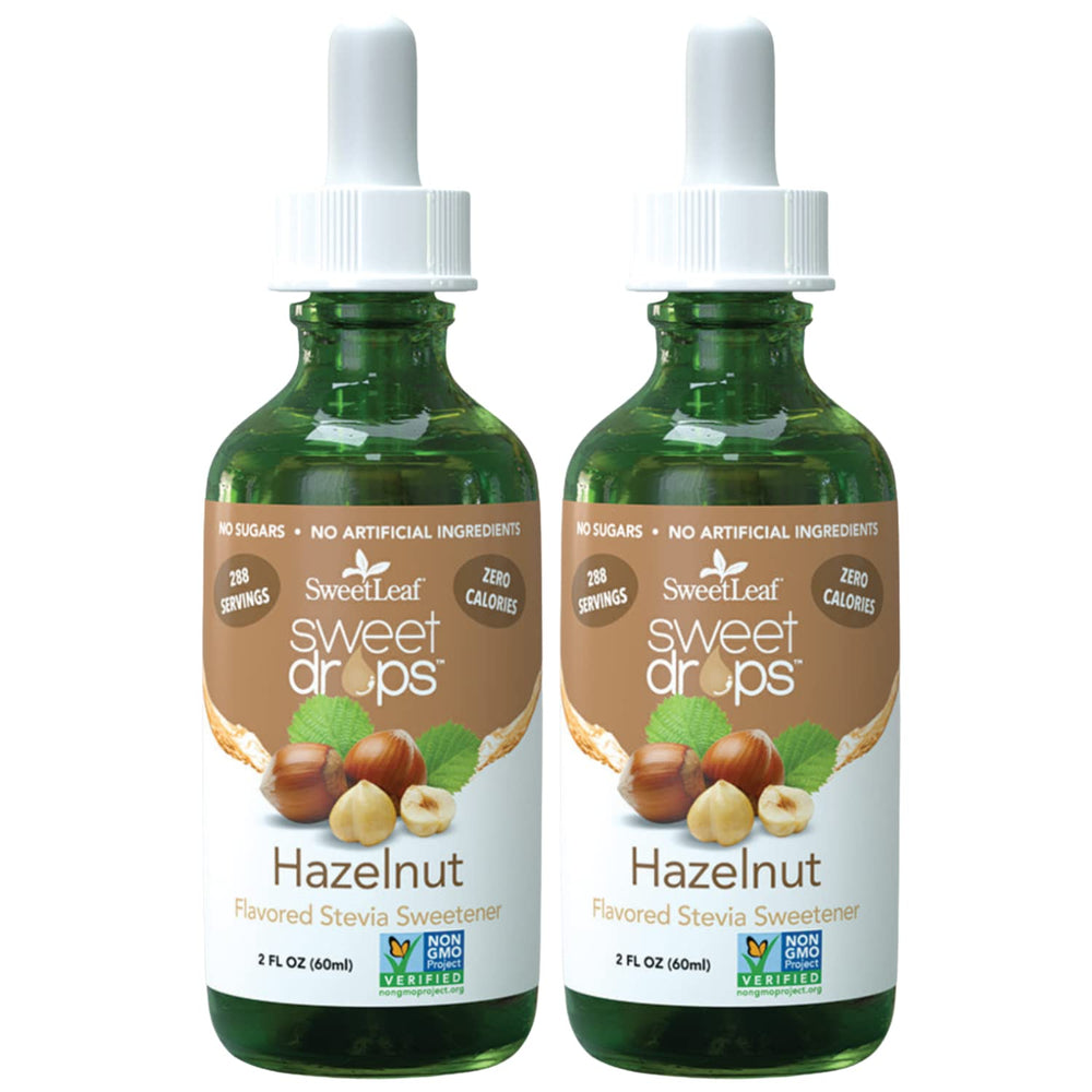 SweetLeaf Hazelnut Sweet Drops bottle shows zero calories and bold flavor.
