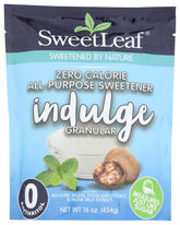 SweetLeaf Indulge bottle of granular sweetener ideal for sugar-free coffee and baking.