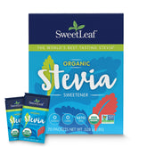 SweetLeaf Organic Stevia Packets front view, zero-calorie sweetness for daily beverages.