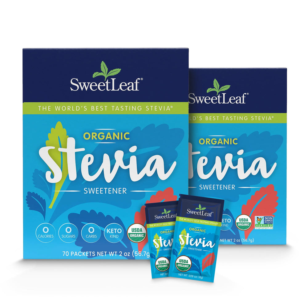 SweetLeaf organic stevia packets pack-2 beside the label for zero-calorie sweetness.
