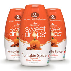 The SweetLeaf Pumpkin Spice Sweet Drops bottle flavors coffee with zero calories.