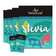 SweetLeaf Stevia Packets front view showing zero calorie sweetness for daily beverages.