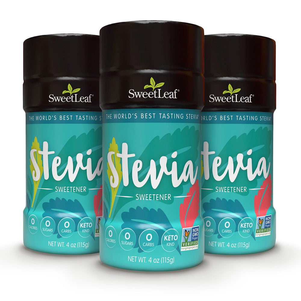 SweetLeaf stevia powder bottle cap close-up highlighting zero-calorie sweetness