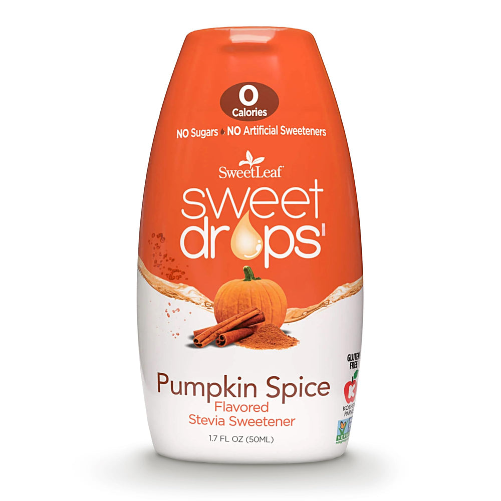 SweetLeaf Sweet Drops pumpkin spice bottle for zero-calorie flavor in recipes.