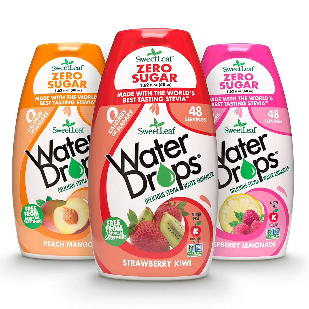SweetLeaf Water Drops raspberry lemonade bottle showcases zero-calorie flavor for water