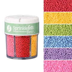Sweets Indeed rainbow nonpareils six-cell set in packaging for easy decorating inspiration.