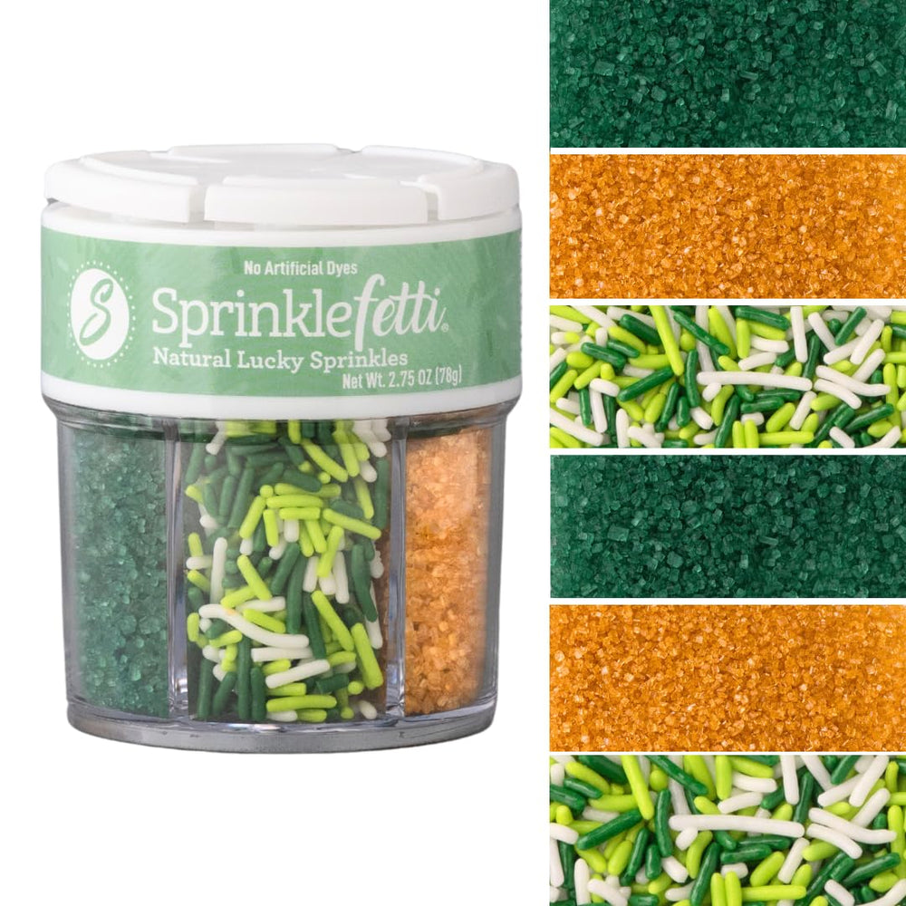 Sweets Indeed dye-free St Patrick's Day sprinkles with green and gold sugar for vibrant cake decor.
