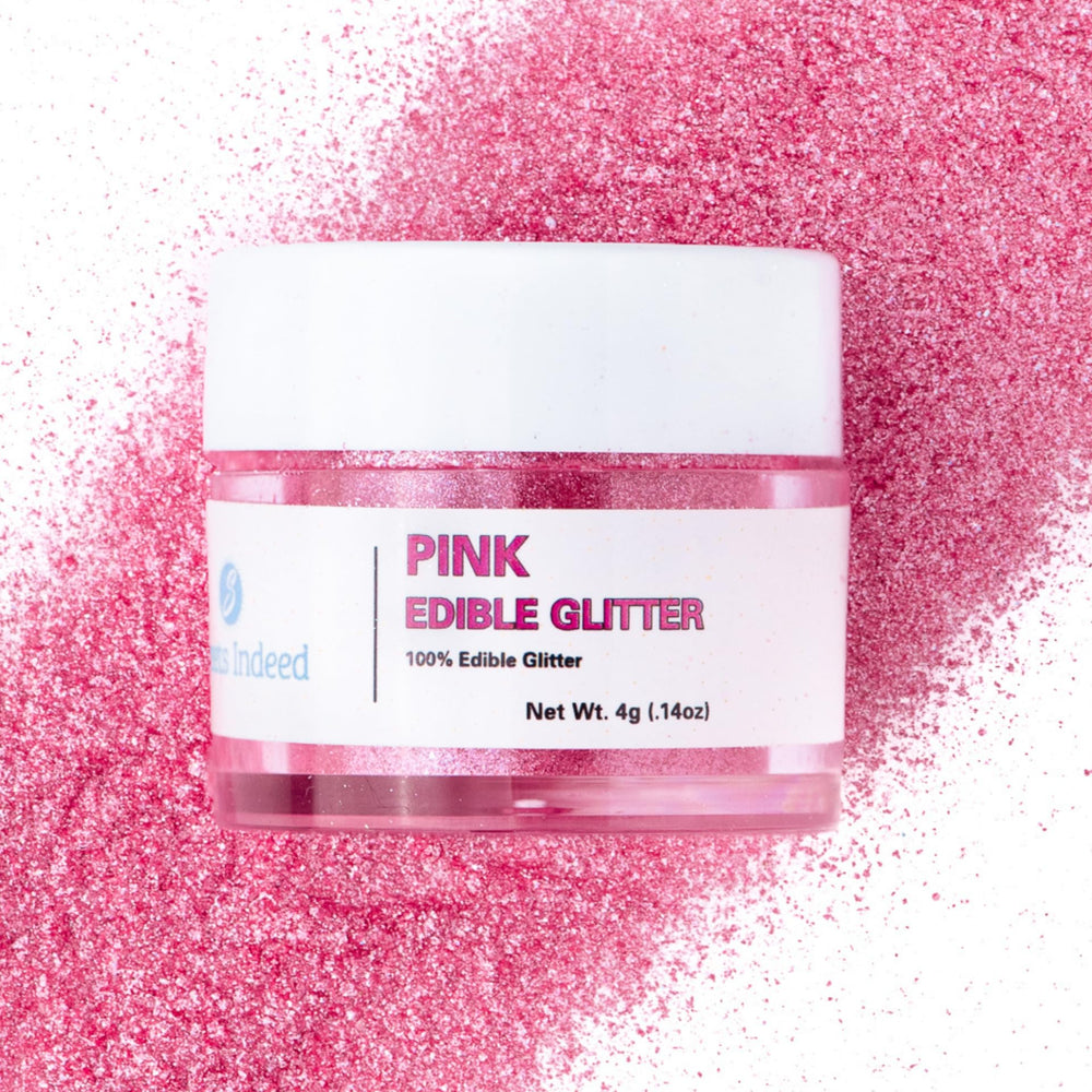 Sweets Indeed hot pink edible glitter jar adds bold sparkle to drinks and desserts.