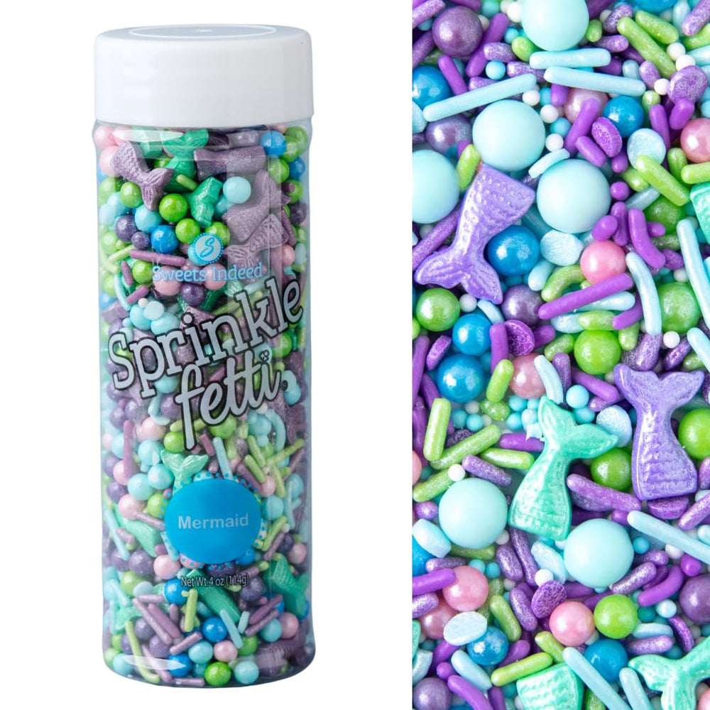 Sweets Indeed Mermaid Sprinkles in a reusable jar for easy storage and fresh color.