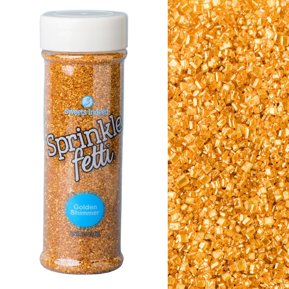 Sweets Indeed Sprinkles edible gold sprinkles in a jar brighten birthday cakes.