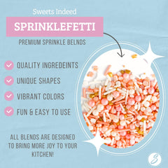 Sweets Indeed Peach Rose Gold sprinkles poured onto a frosted cake for festive color.