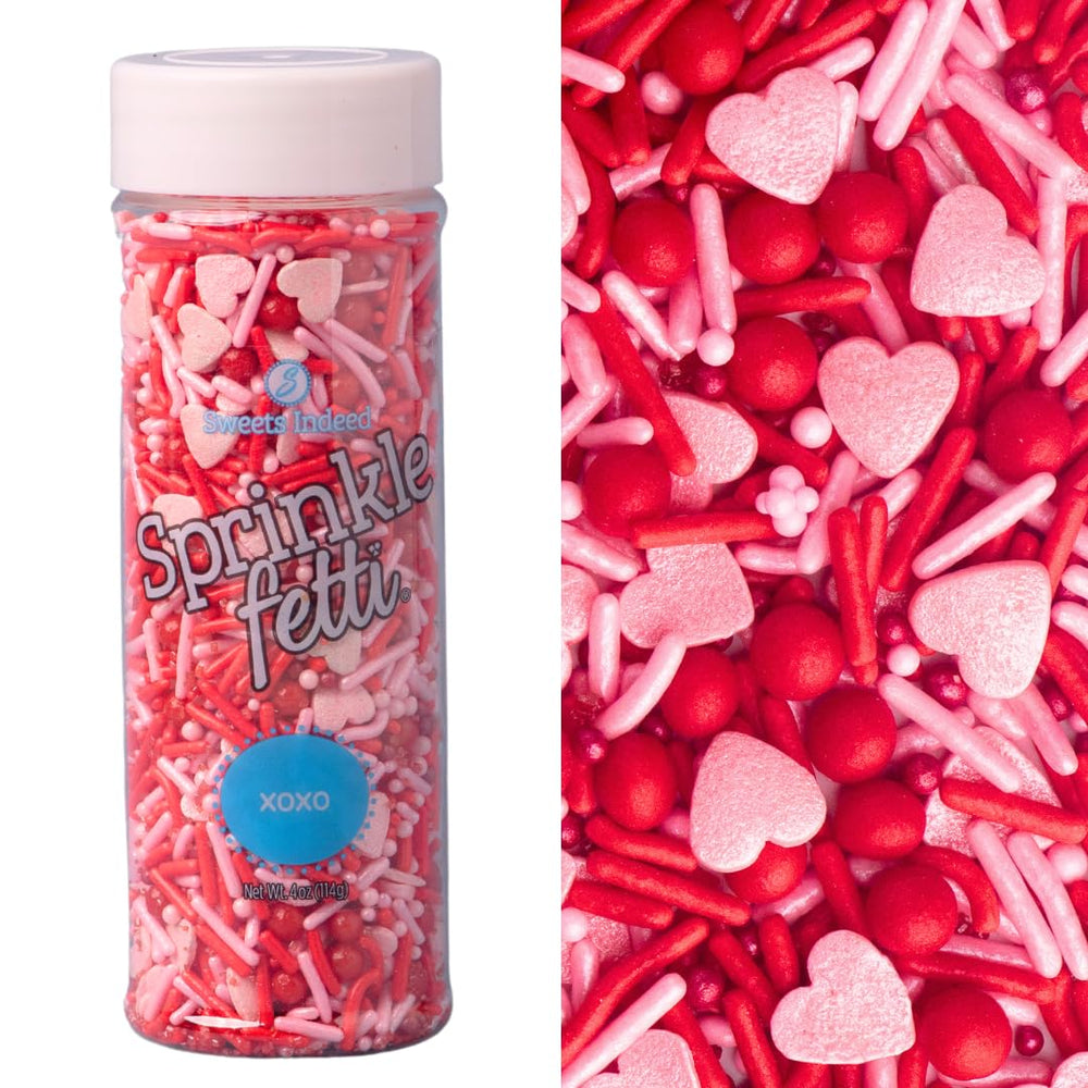 Sweets Indeed Valentines heart sprinkle mix with heart shapes for festive desserts.