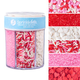 Sweets Indeed Valentines Sprinkles jar with red, white, and pink hearts for festive decorating.